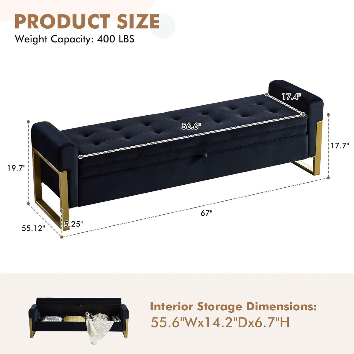 67" Storage Bench for Bedroom, King Size End of Bed Bench, Upholstered Storage Ottoman Bench with Golden Metal Legs, Bedroom Bench for Entryway, Black