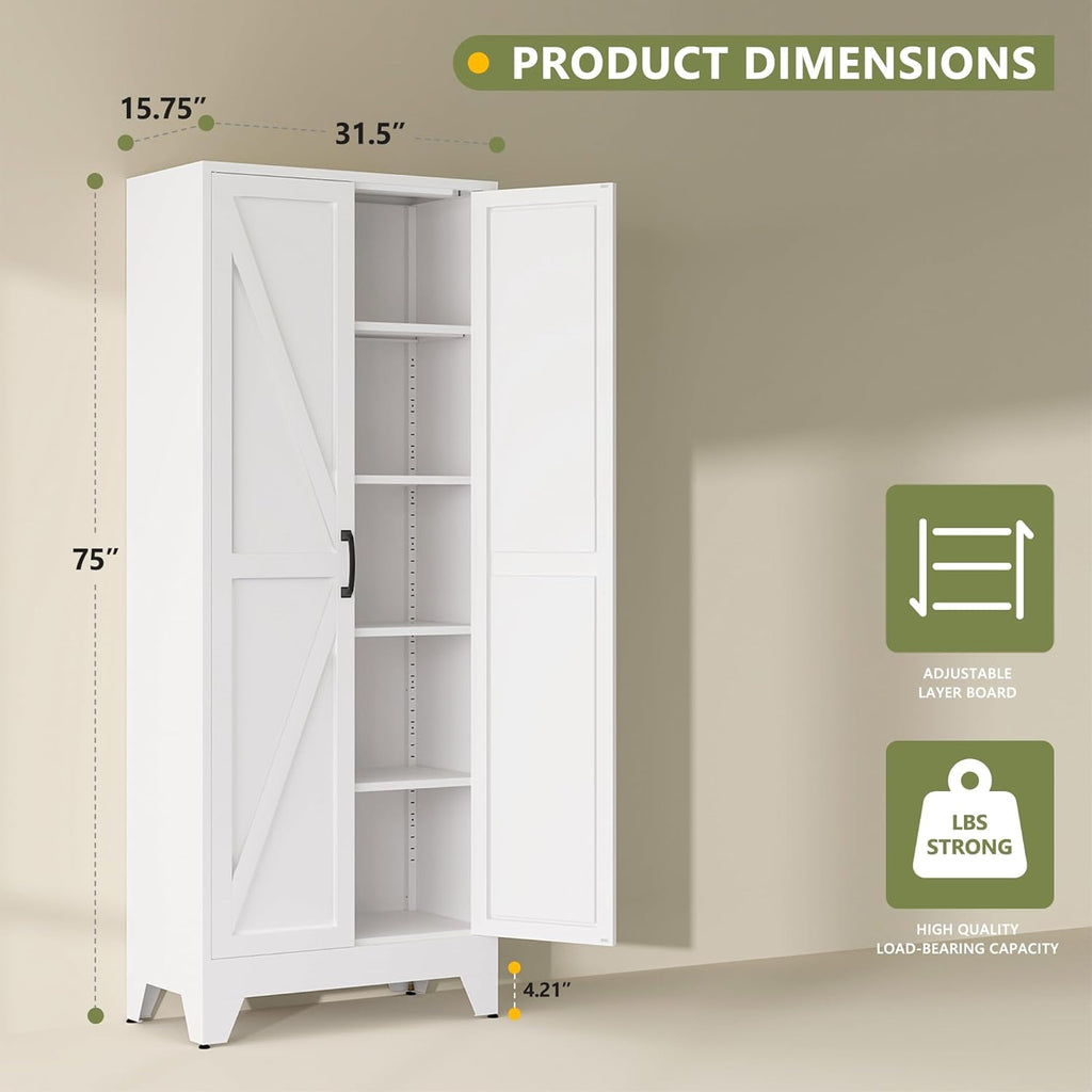RAVIGIN Farmhouse Storage Cabinet,75" H Metal Pantry Cabinet with Barn Doors and Adjustable Shelves,75" H 6-Tier Rustic Pantry Organizers for Kitchen,Dining Room,White
