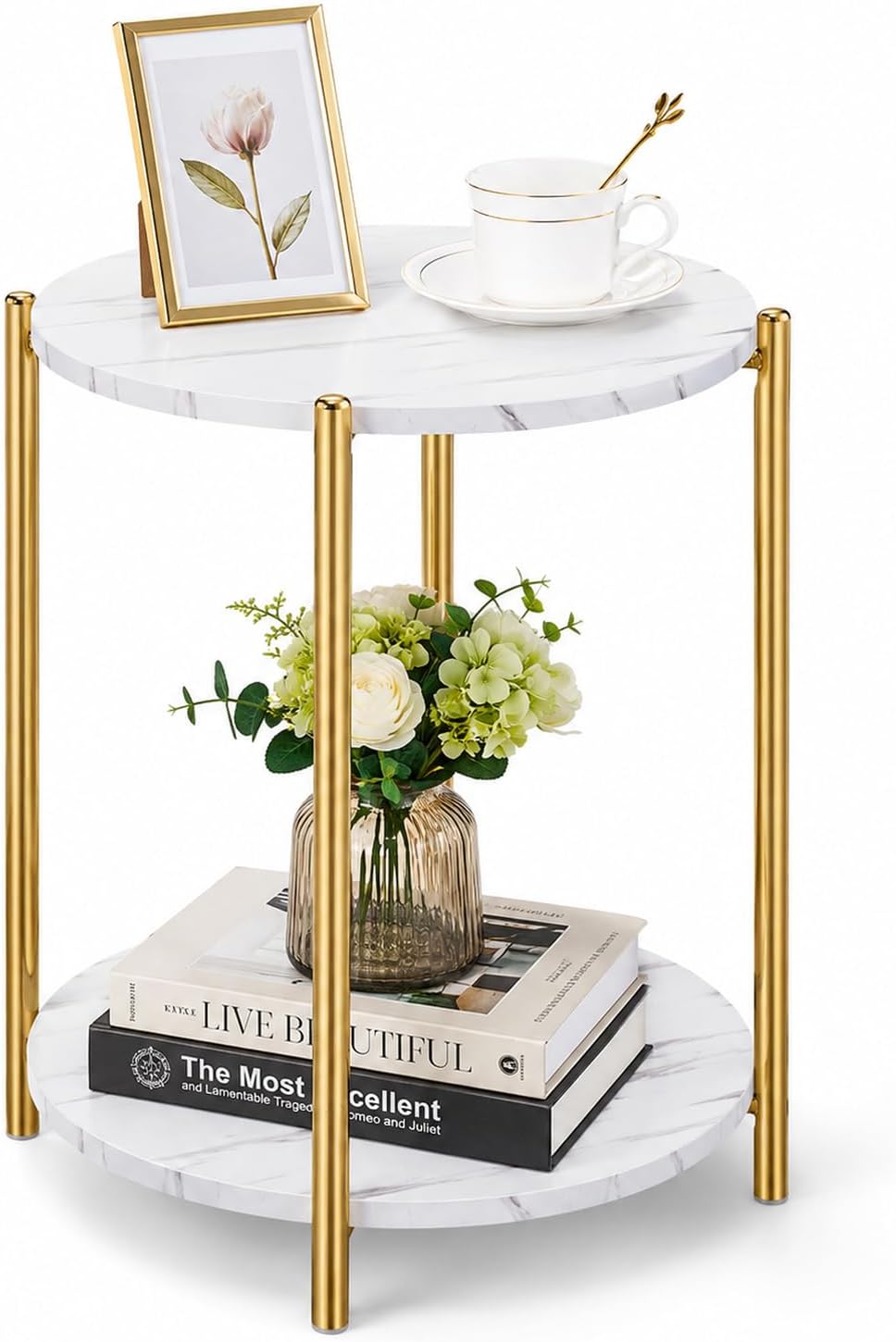 Gold End Table, Faux Marble Side Table, 2-Tier Small Round Nightstand for Bedroom - Modern Accent Table for Living Room Couch, Metal Frame (1 Pack)
