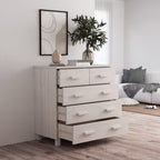 White Sideboard Buffet Cabinet, Solid Pine Wood and MDF Dining Room Credenza with 5 Drawers and Sliding Doors, Modern Accent Storage Cabinet for Living Room and Foyer