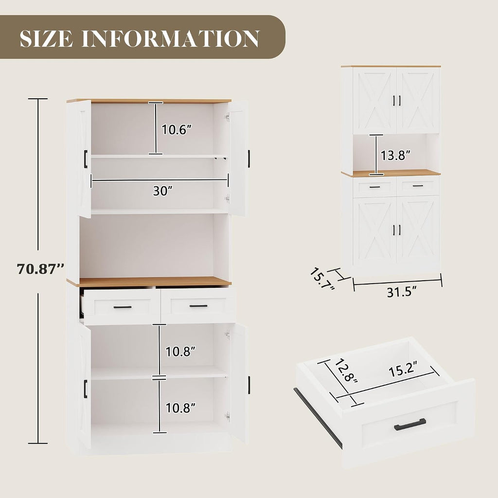 71“ Kitchen Pantry Storage Cabinet, Kitchen Hutch with Microwave Stand and Adjustable Shelves Freestanding Cupboard for Dining Living Room, White