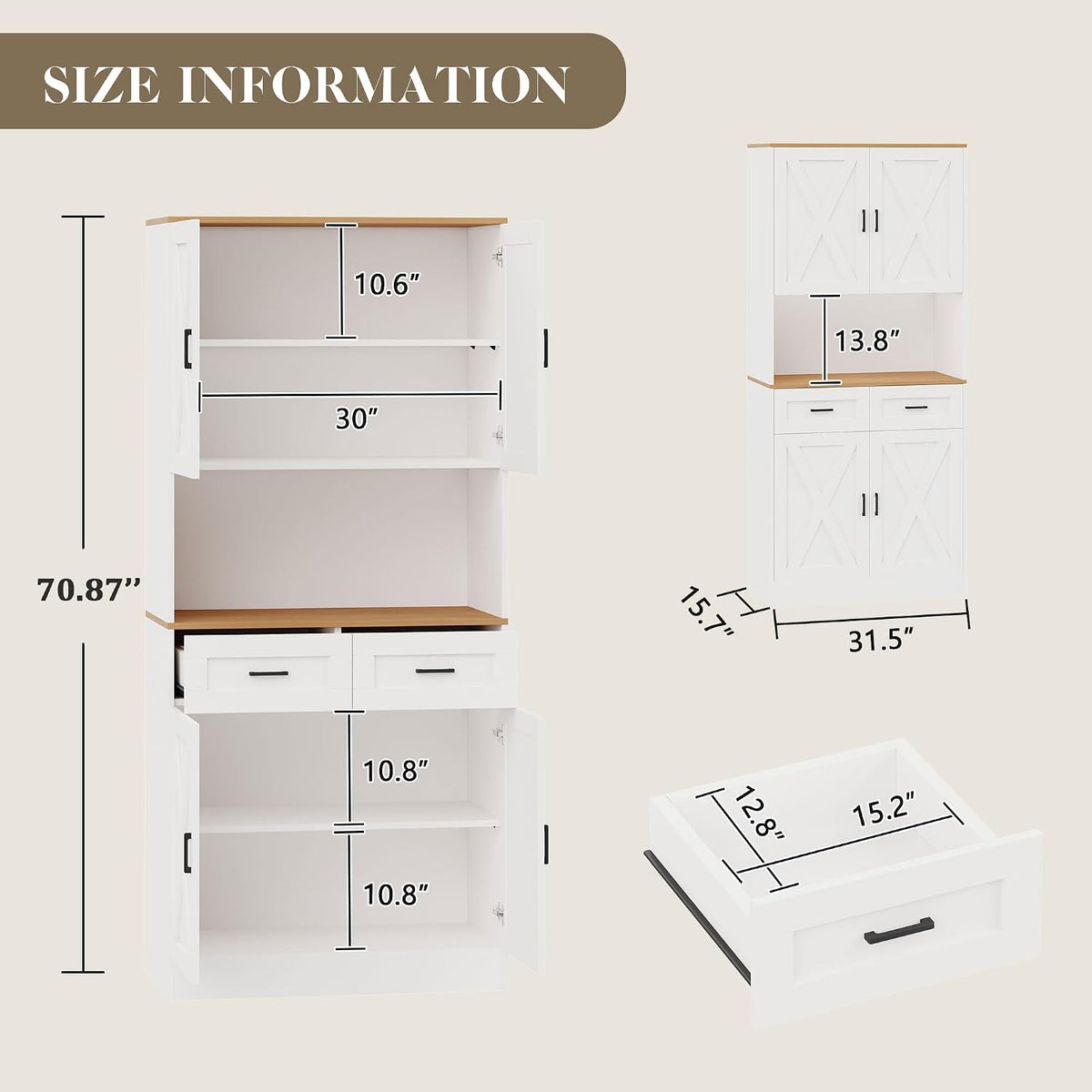 71“ Kitchen Pantry Storage Cabinet, Kitchen Hutch with Microwave Stand and Adjustable Shelves Freestanding Cupboard for Dining Living Room, White