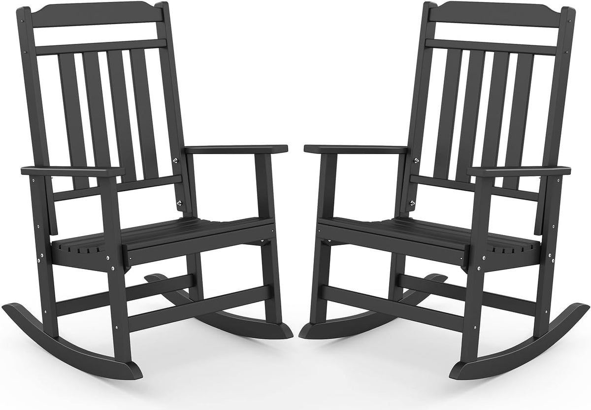 GREENVINES Classic Outdoor-Rocking-Chairs-Set-of-2, HDPE Rocker, Black | 30.3" High Back | All Weather Porch Chairs Plastic | Heavy Duty | 20.5" Wide Seat | Big & Tall | for Patio Balcony Deck