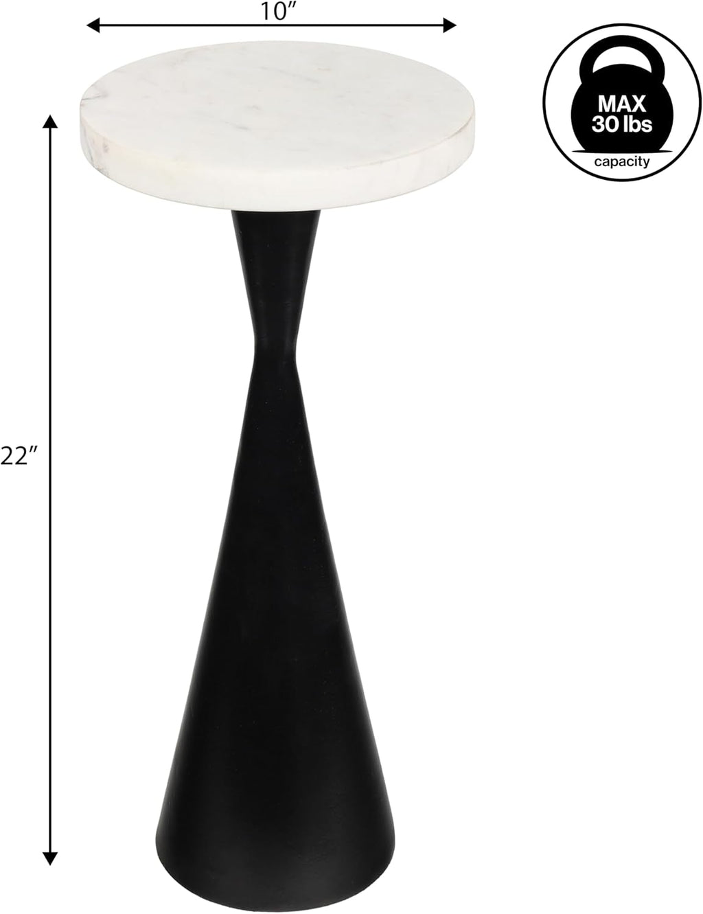 Eyely DNE4003B Liv 22" Designer Metal Drink Table and Decorative End Table w/White Marble Round Top and Cone Pedestal Base for Living Room, Bedroom, Antique Black