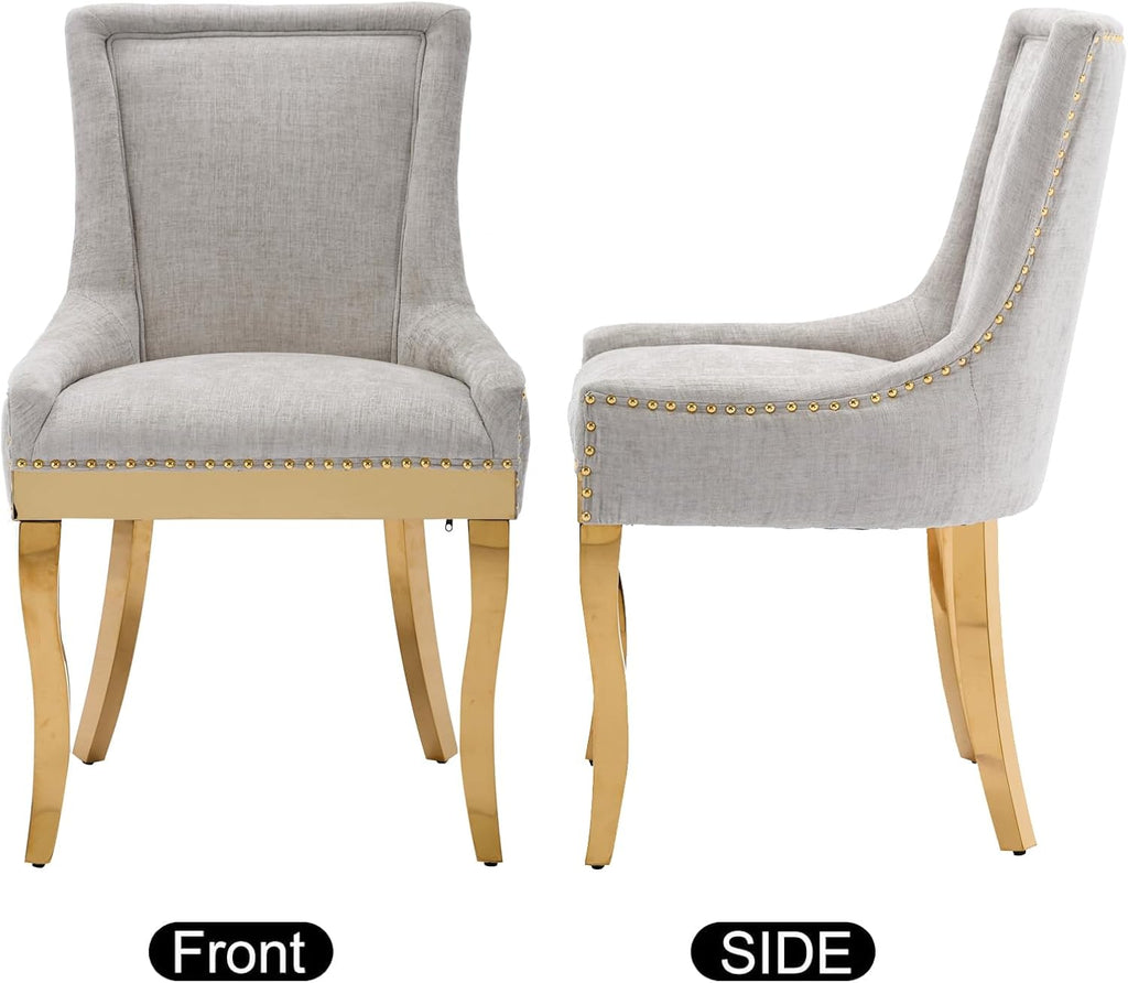 Aoowow Luxury Fabric Upholstered Side Chairs for Kitchen Set of 2, Sillas de Comedor,Farmhouse Solid Wood Kitchen Dining Room Chairs with Nailhead Trim Gold Metal Legs (Beige-Gold, Set of 2)