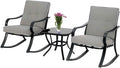 Outdoor 3-Piece Rocking Chairs, Patio Bistro Furniture Set, 2 Black Steel Rocking Chairs with Cushion and Glass Top Coffee Table (Grey)