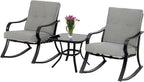 Outdoor 3-Piece Rocking Chairs, Patio Bistro Furniture Set, 2 Black Steel Rocking Chairs with Cushion and Glass Top Coffee Table (Grey)