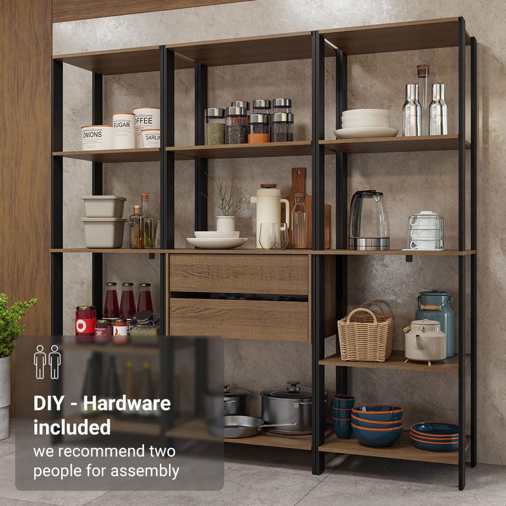 Madesa Kitchen Pantry Storage Rack with 2 Drawers and Open Shelves 74" L Multiuse Modular Cabinet for Kitchen Organization - Black/Brown