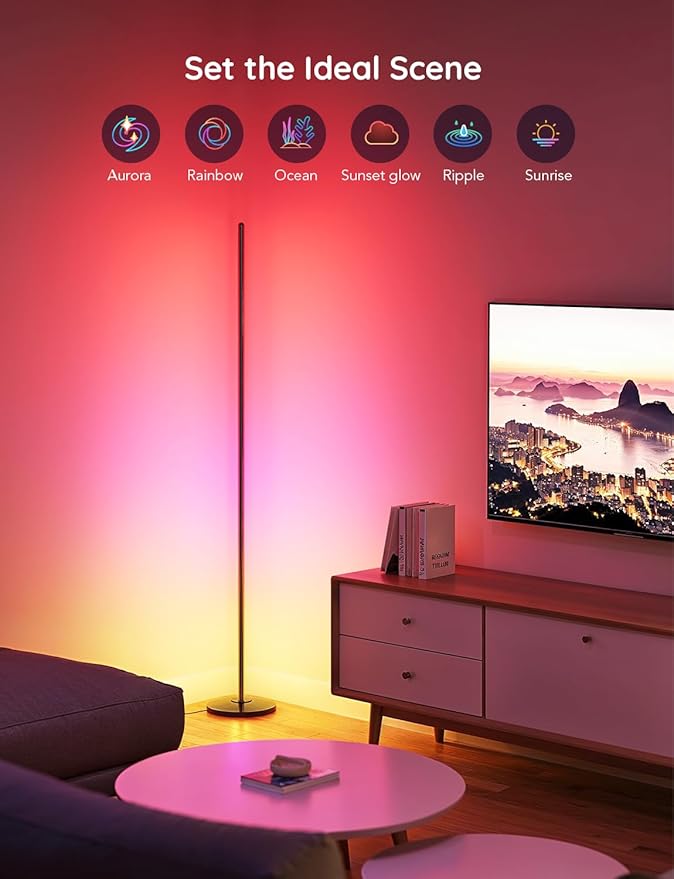 Govee RGBIC Floor Lamp Basic, LED Corner Lamp Works with Alexa, 1000 Lumen Smart Modern Floor Lamp with Music Sync and 16 Million DIY Colors, Color Changing Standing Lamp for Bedroom Living Room Black
