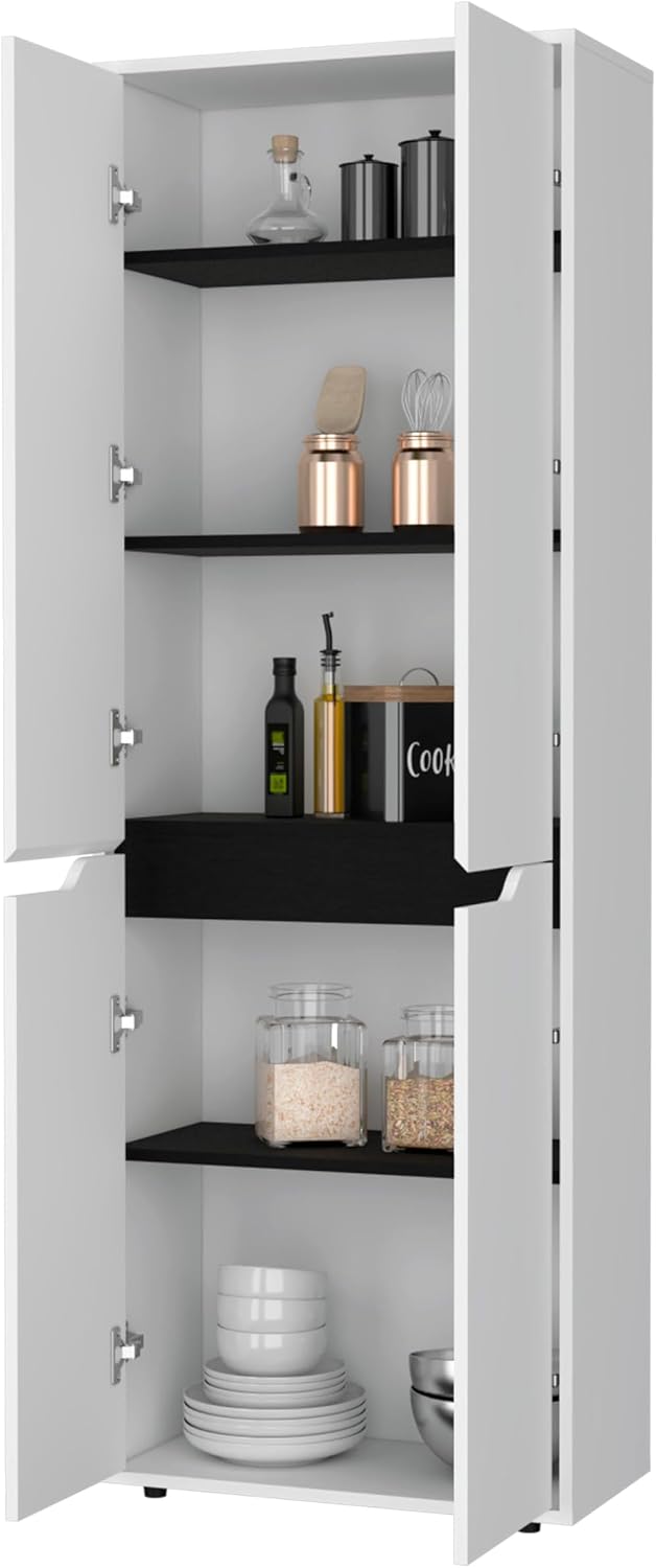 FM FURNITURE Keyser Multistorage Kitchen Pantry with 5 Shelves and 4 Doors, White/Black