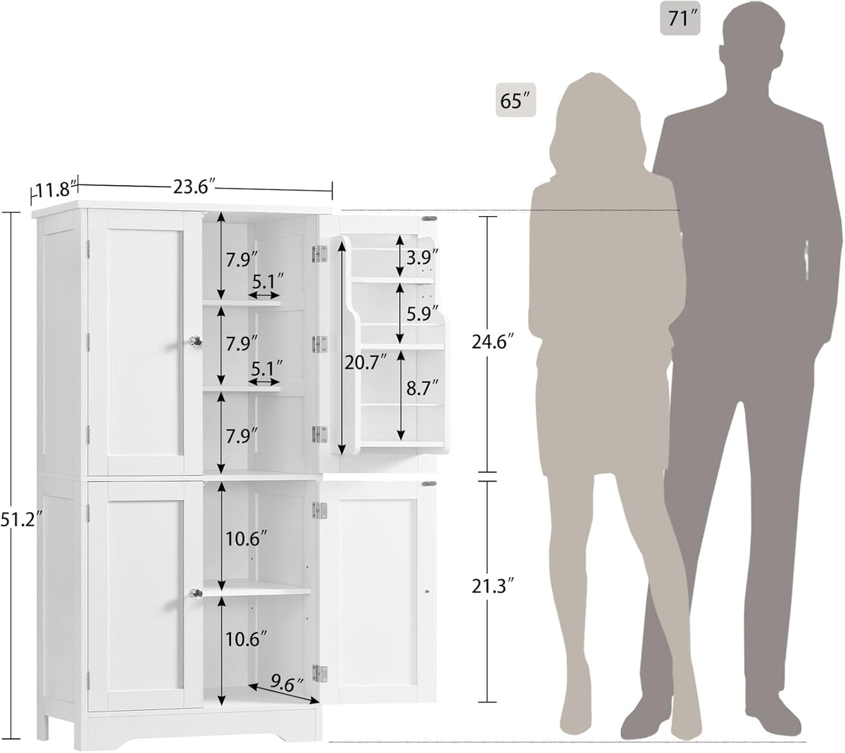 TEENFON 51" H Pantry Cabinet with 4 Doors, Kitchen Cabinet with 6 Door Shelves, Storage Cabinet for Living Room, Dining Room, Bathroom, White