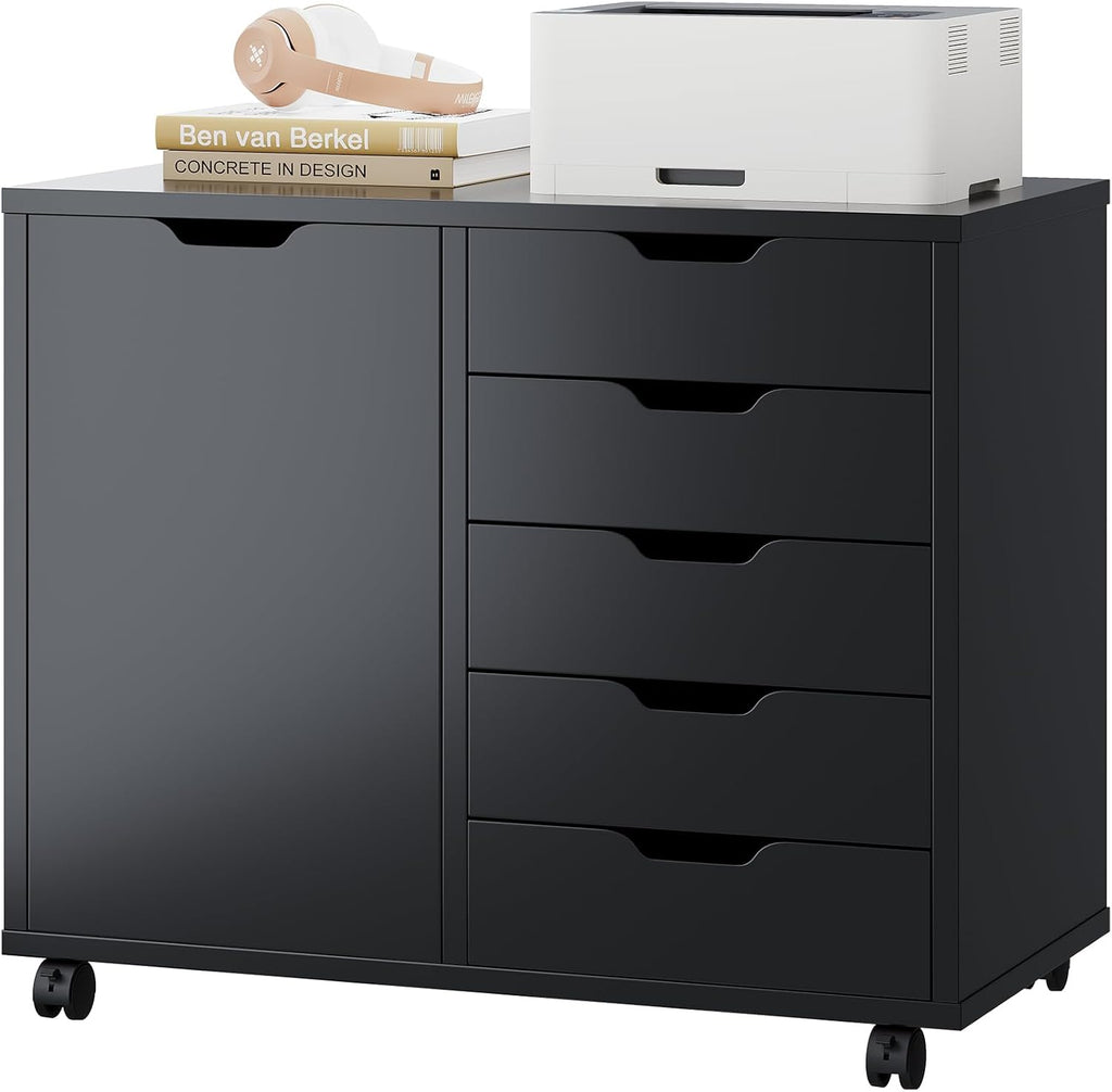 DUMOS 5-Drawer Mobile File Cabinet, Wooden Printer Stand with Storage | Under Desk Cabinets with Adjustable Shelf & Wheels for Home Office Organizer Storage Craft Room, Black