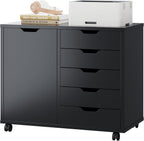 DUMOS 5-Drawer Mobile File Cabinet, Wooden Printer Stand with Storage | Under Desk Cabinets with Adjustable Shelf & Wheels for Home Office Organizer Storage Craft Room, Black