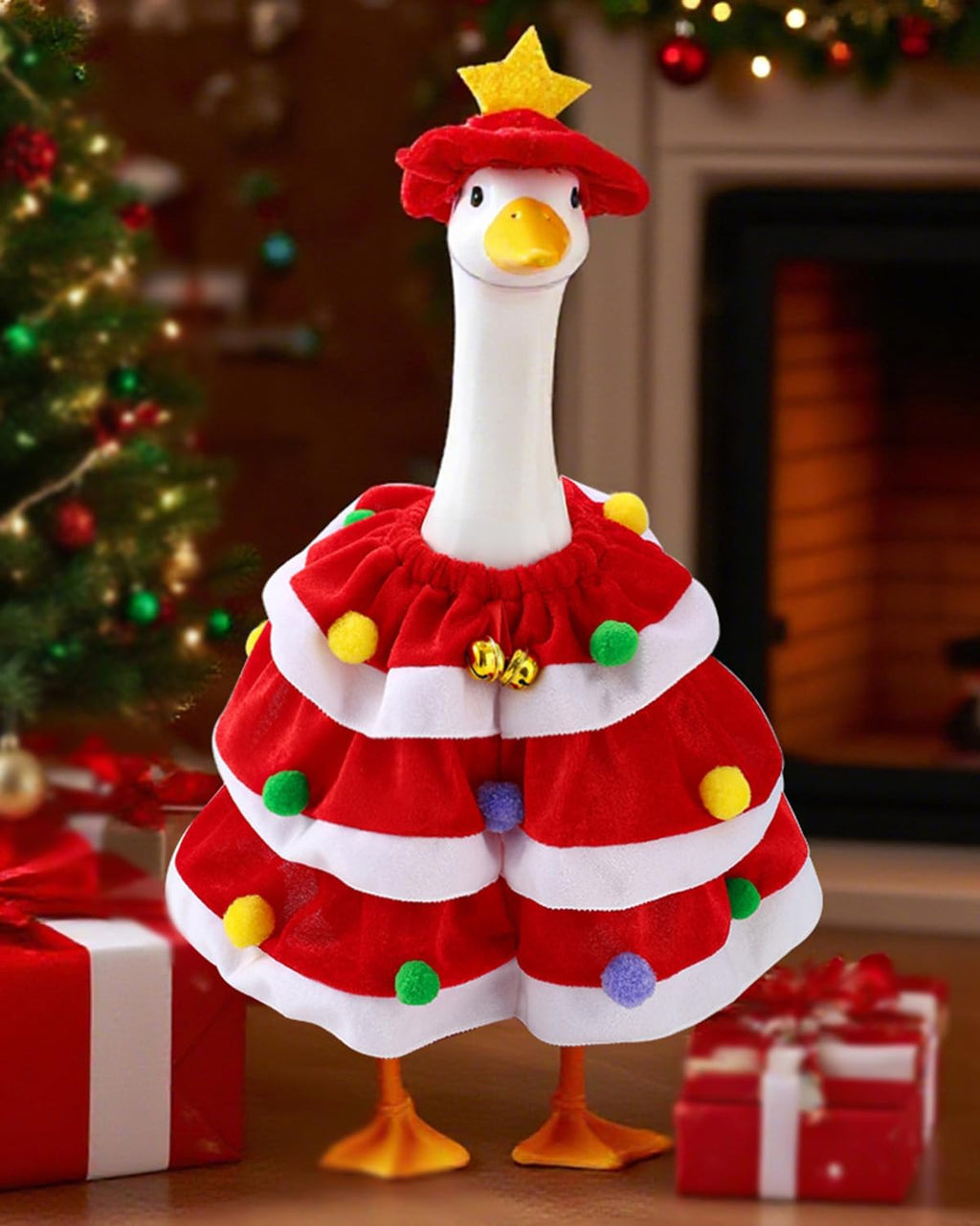 Christmas Porch Goose Outfits with Bells, 2 Pcs/Set Lawn Cement Goose Clothes, 23" Patio Yard Garden Geese Costume Decoration, Red