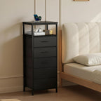 Sweetcrispy Nightstand with Charging Station 5 Fabric Drawers Bedside Table | Night Stand with USB Type-C Ports, AC Outlets & Dimmable LED Light Strip, Modern Black Bedroom End Table