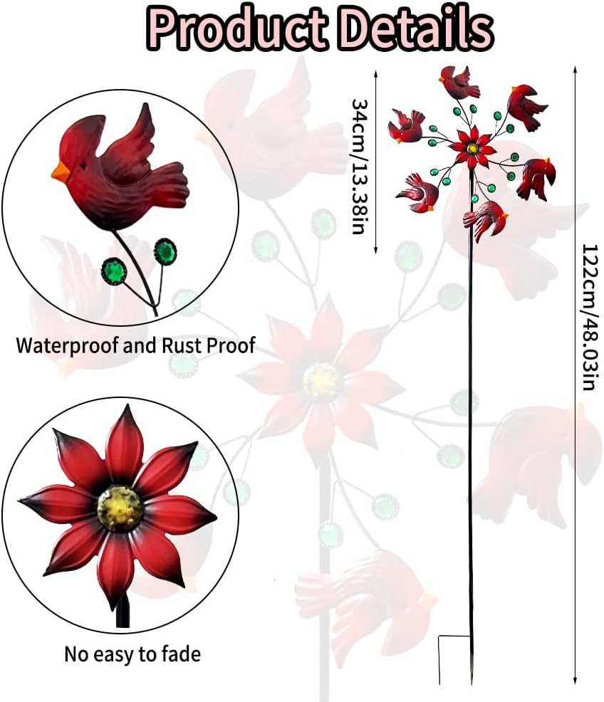 Cardinal Red Bird Wind Spinner Garden Decor, 48 Inch Metal Yard Spinner Sculpture for Patio Lawn & Outdoor Decorations