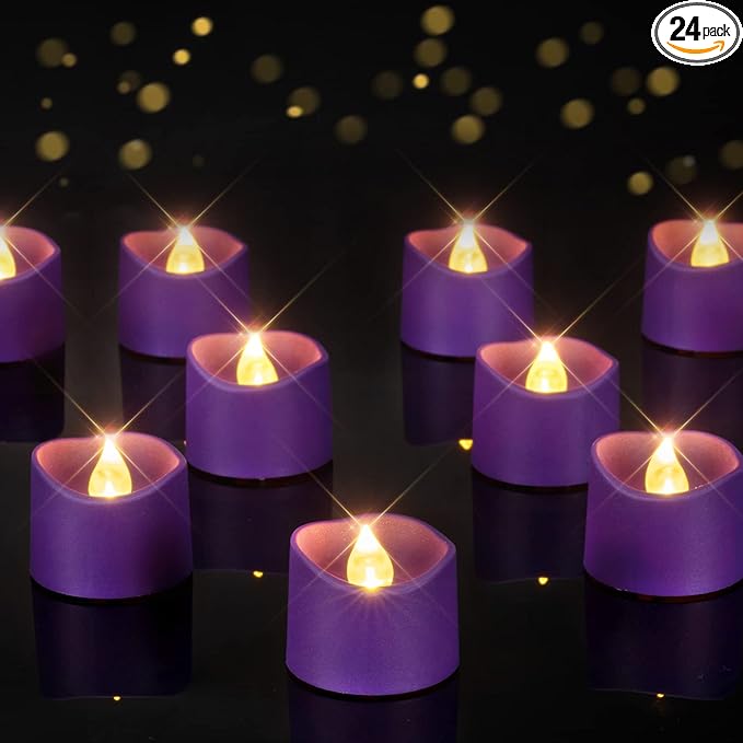 Homemory Purple Tea Lights Candles Battery Operated, 200+Hour Flameless Flickering Fake Electric LED Colored Tealights Candles for Party, Wedding, Halloween, Mardi Gras, Holiday Decor, 24-Pack