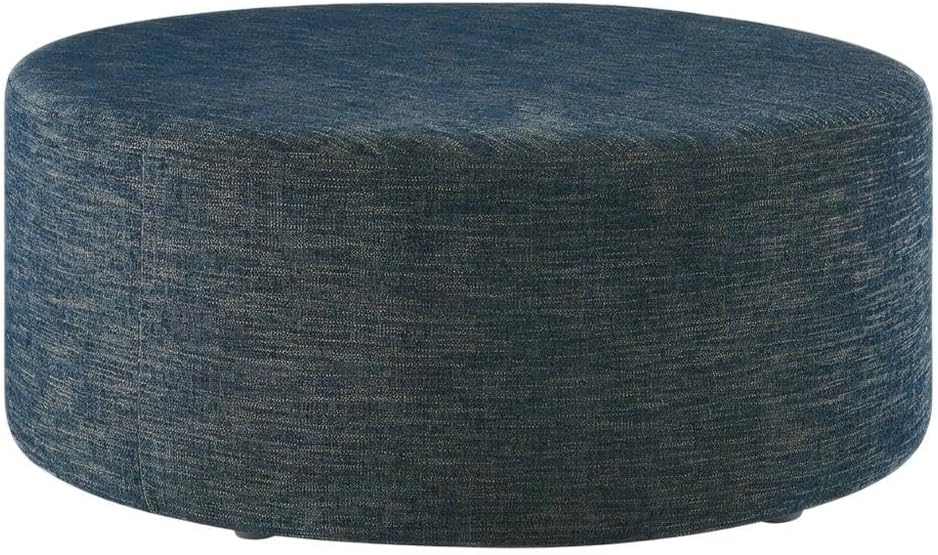 Blue Round Woven Fabric Upholstered Ottoman, 38 Inches, Lightweight, Stylish Outdoor Furniture for Patio, Garden, Balcony