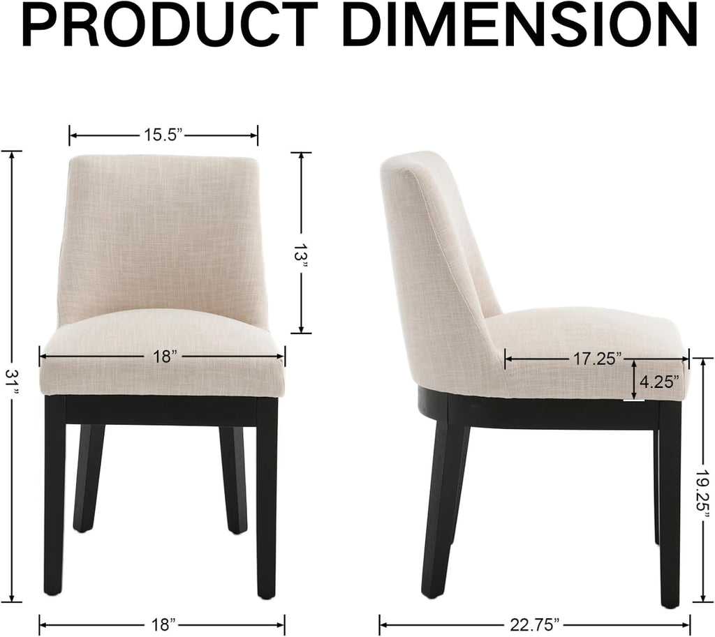 Linen Dining Chairs Set of 2, Upholstered Dining Room Chair with Black Wood Legs, Farmhouse Kitchen Chairs with Mid Back, Comfy Armless Side Chair for Living Room/Restaurant, Beige