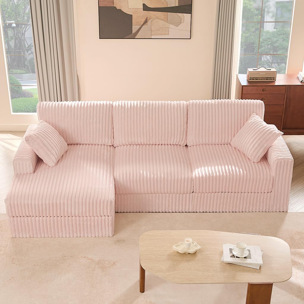 GOSUHI 113" L-Shaped Cloud Couch, Modular Sectional, Deep Seats, Pink | Pocket Spring Cushions, Oversized 3-Seater, Left Facing Chaise, Corduroy Upholstery Couches for Living Room