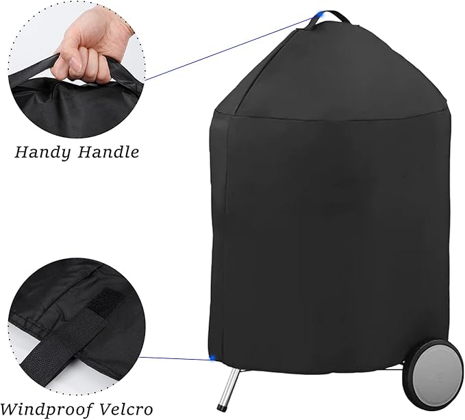 Round BBQ Grill Cover for 22 Inch Charcoal Grills Waterproof, Fade Resistant, UV Resistant Kettle BBQ Grill Cover with Hook & Loop Strap, Dome Smoker Cover, Black (22in)