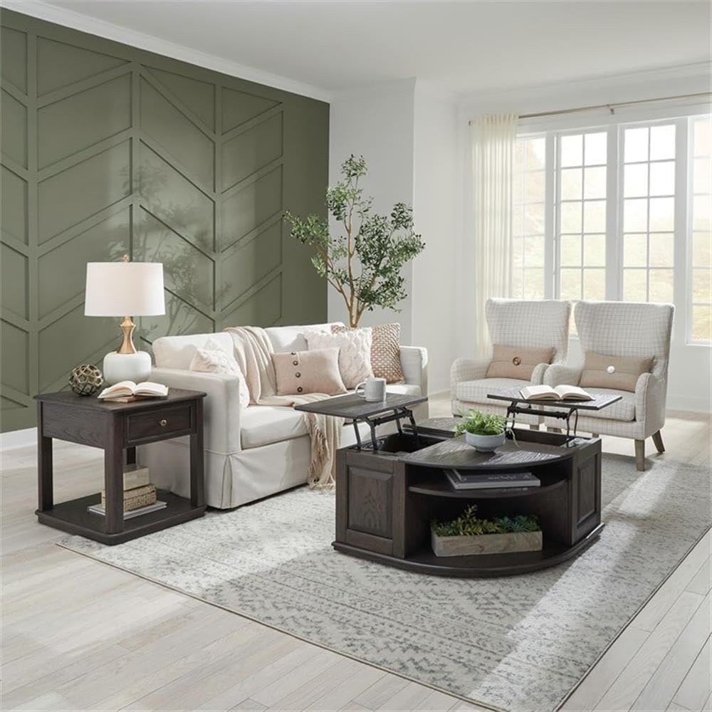 Pemberly Row 3 Piece Table Set, Rubberwood and Oak Veneers, Aged Oak Finish, Includes Cocktail Table with Lift Tops and Casters, 2 End Tables with Drawers, Antique Pewter Knobs, Living Room Furniture