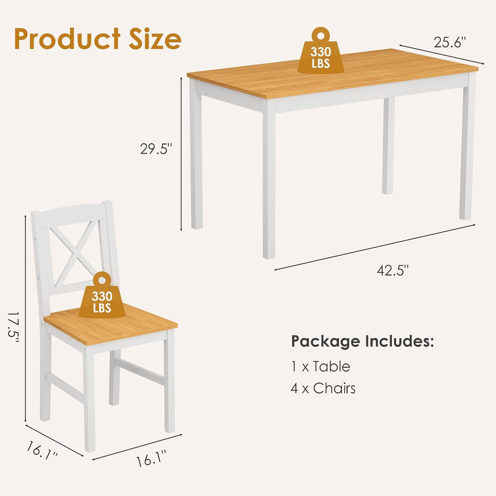 DlandHome 5 Piece Dining Table Set, Wood Kitchen Table with 4 Chairs for Dining Room, Apartment, Breakfast Nook, Solid Wood Farmhouse Dinner Table Set, Natural White