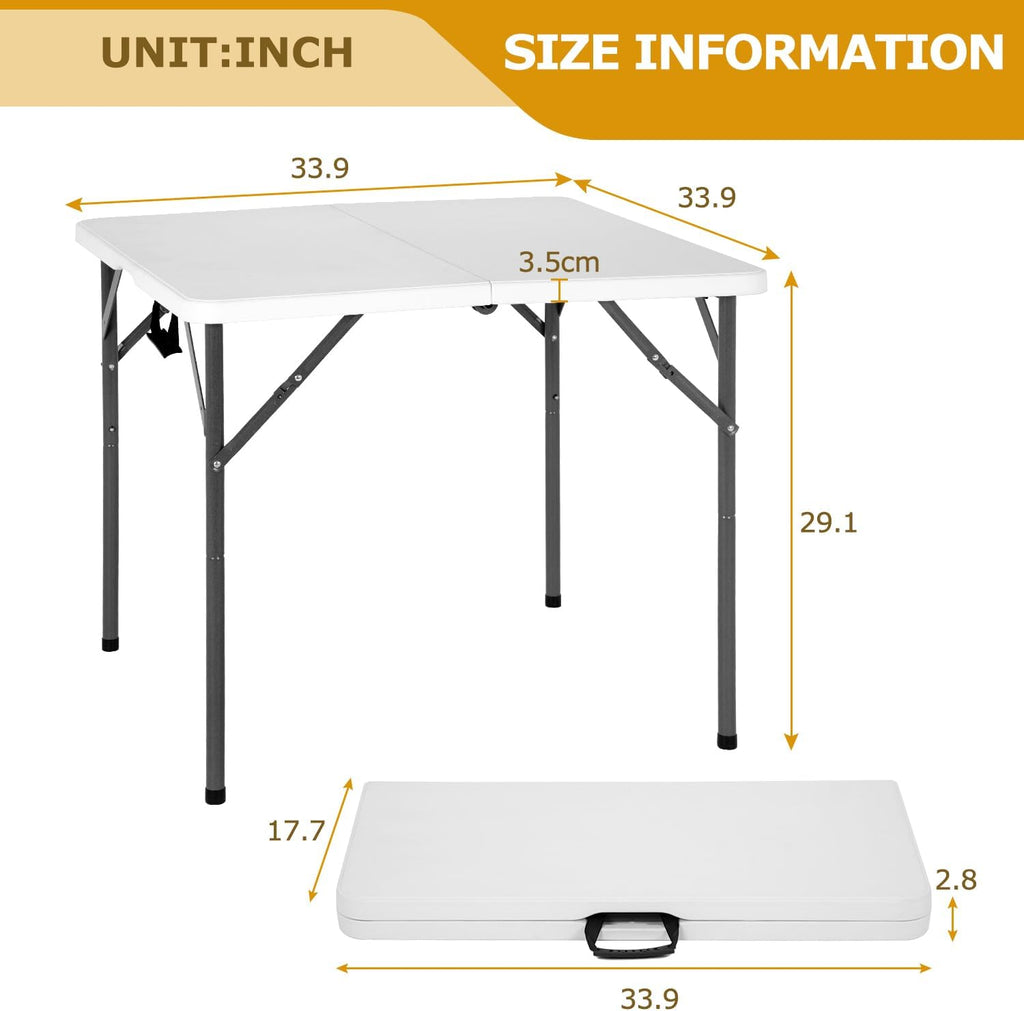 34" Square Folding Card Table, Fold-in-Half Utility Dining Portable Tables Heavy Duty HDPE Plastic Foldable Table with Carrying Handle Indoor Outdoor for Picnic, Camping, Party, White