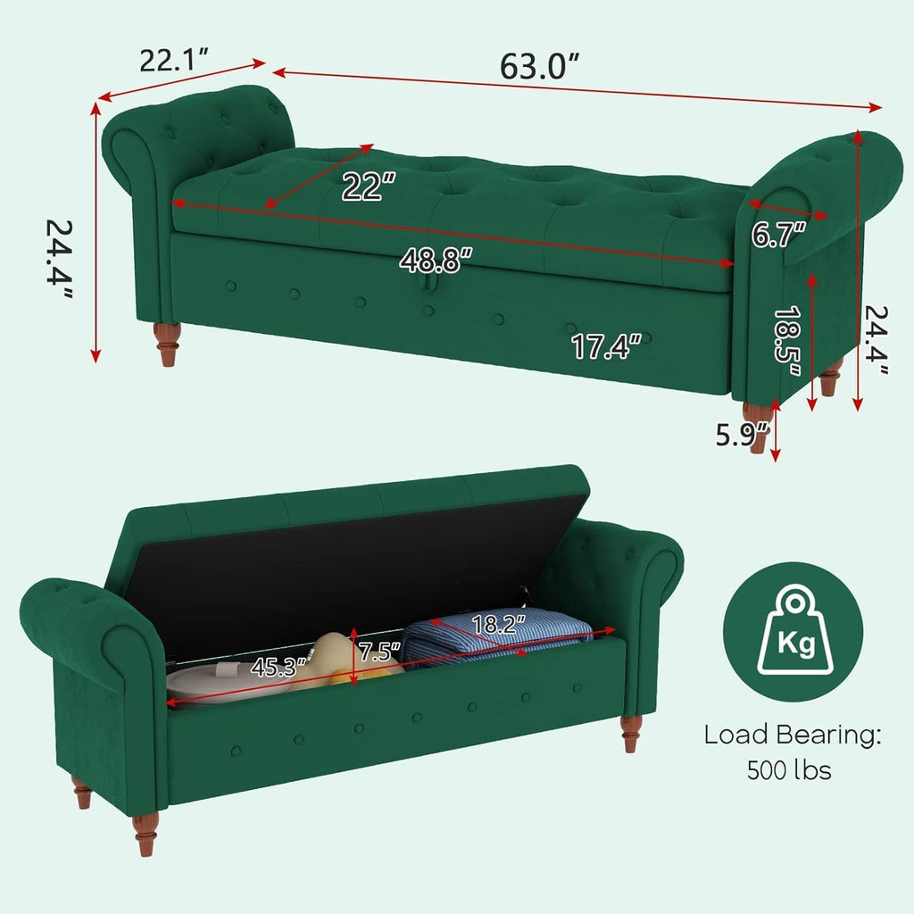 NIOIIKIT 63'' Storage Ottoman Bench Tufted Entryway Bench Dark Green Velvet | Button Tufted End of Bed, Large Storage Space, Rolled Armed Ottoman Couch Long Bench for Bedroom, Living Room, Hallway
