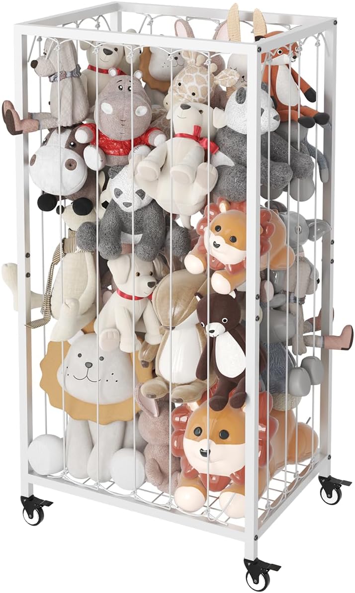 Stuffed Animal Storage Organizer with Wheels, Stuffed Animal Zoo Shelf with Elastic Rope for Nursery, Play Room, Bedroom, Kids Plush Toy Holder for Boys and Girls, White.