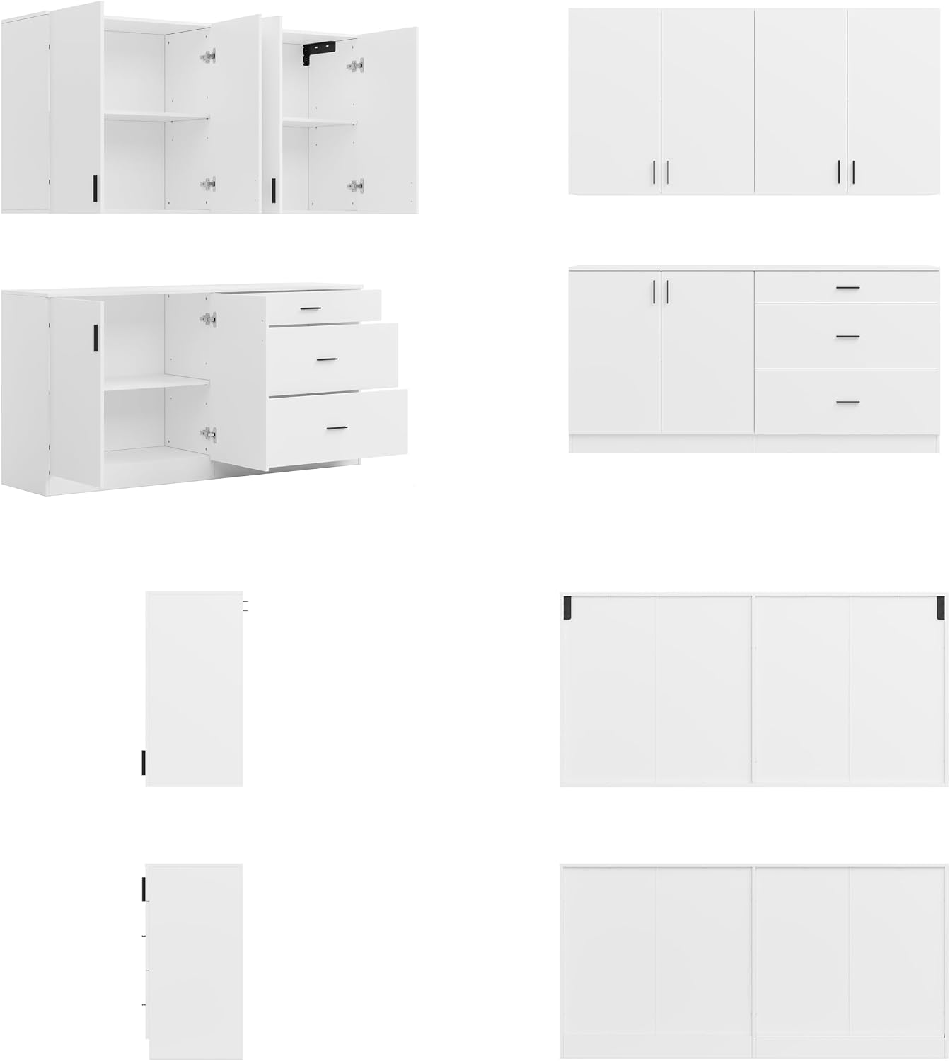 63" Wide Kitchen Pantry, 2-Piece Modern Storage Cabinet with 6 Doors and 3 Drawers, Food Pantry Cabinets with 3 Adjustable Shelves, Wall Mounted Cupboard and Base Cabinet for Kitchen, White