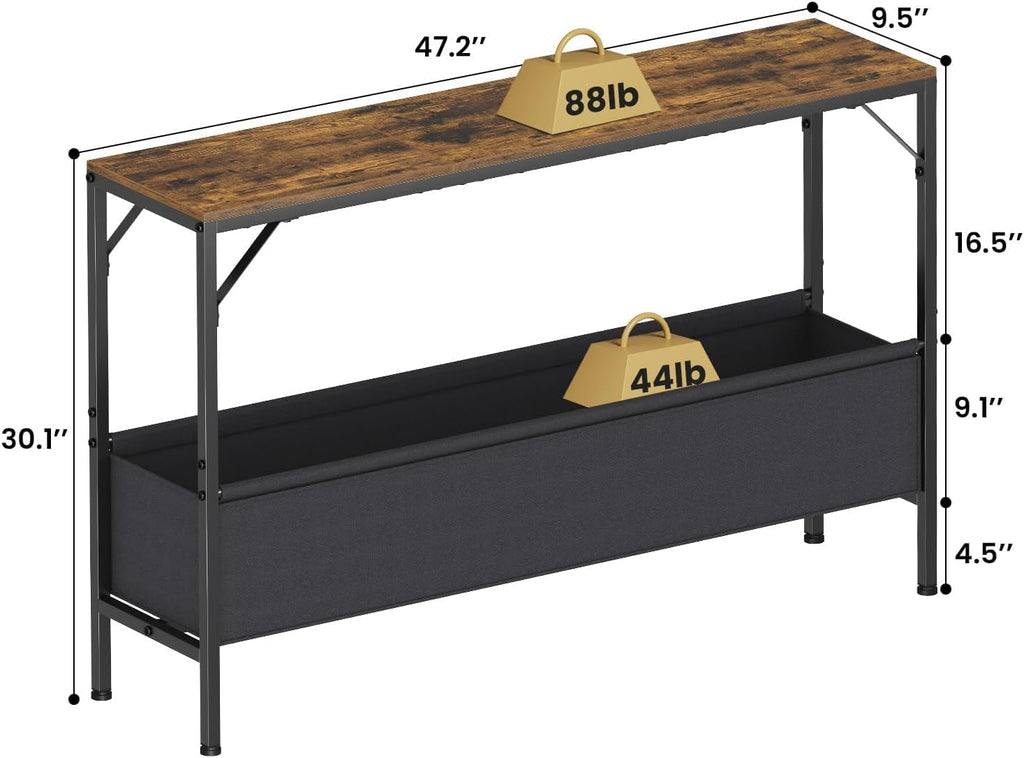 Asgolion Narrow Console Table, 47.2" Long Entryway Table with Storage Basket, Hallway Table, Mordern Industrial Sofa Tables for Living Room, Bedroom, Foyer, Office, Anti-tip Kit, Rustic Brown
