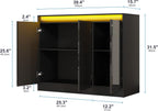 Furnify High Gloss Buffet Cabinet with LED Lights, Modern Sideboard Coffee Bar with 3 Doors & Charging Station, Handless Modern Sideboard Storage Cabinet for Living Room, Entryway, Black
