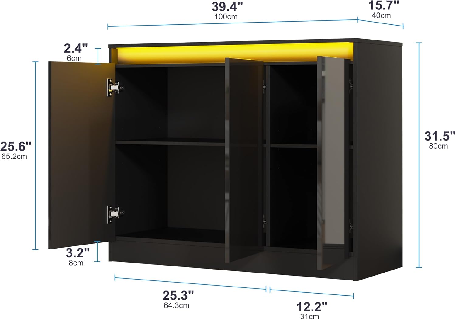 Furnify High Gloss Buffet Cabinet with LED Lights, Modern Sideboard Coffee Bar with 3 Doors & Charging Station, Handless Modern Sideboard Storage Cabinet for Living Room, Entryway, Black