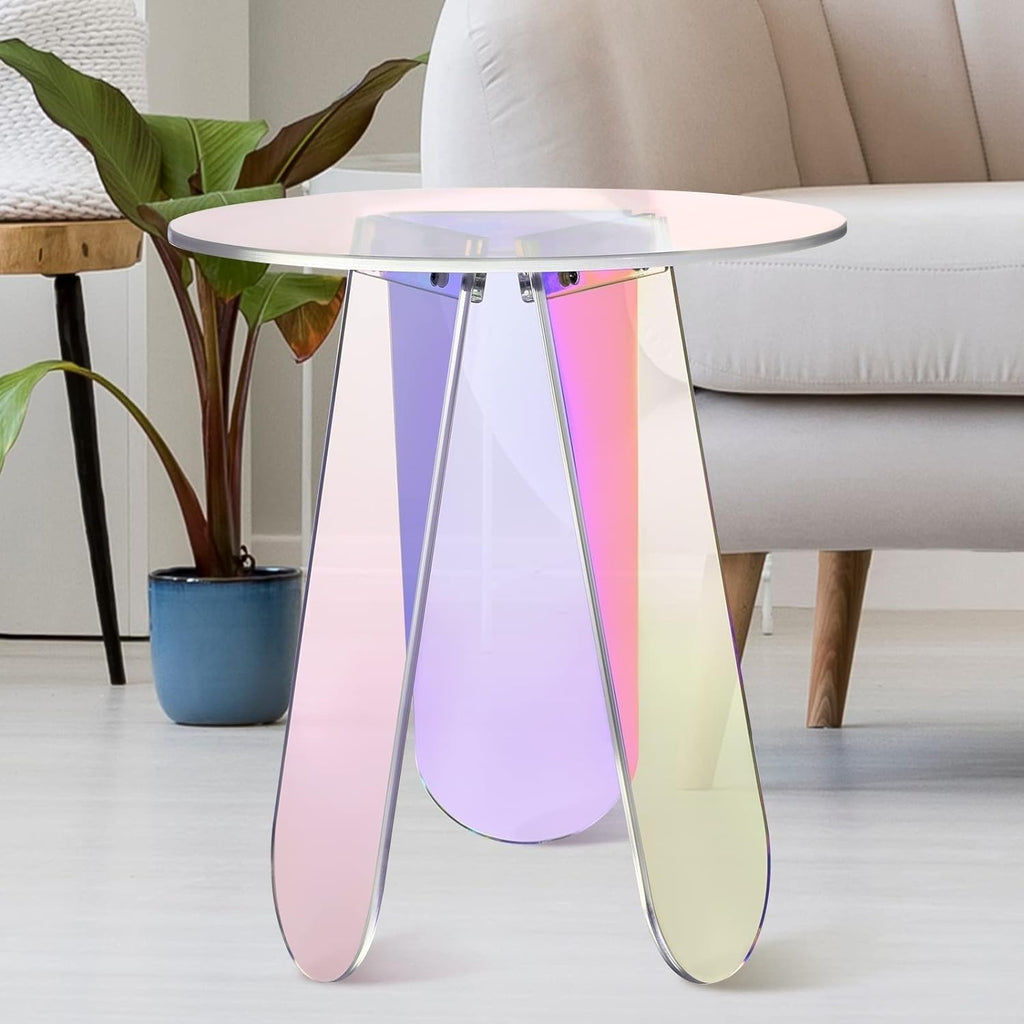 Round Acrylic Side Table Modern Rainbow Iridescent Accent Table Night Stand Versatile Coffee Table for Living Room Balcony Office (45 cm)