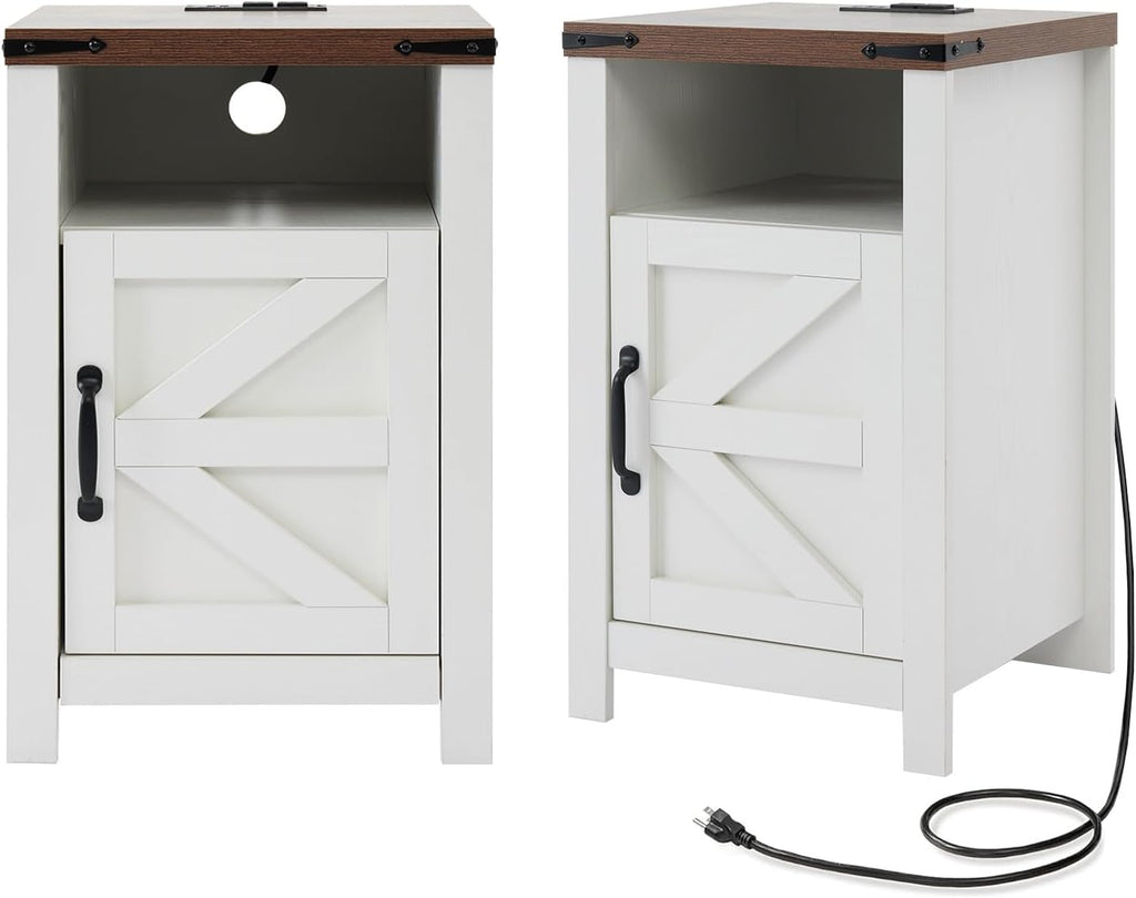 Farmhouse Nightstand Set of 2 with Charging Station, Modern Bedside Table with Barn Door and Shelf, Sofa Side Table End Table for Bedroom, Living Room, White