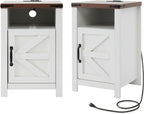 Farmhouse Nightstand Set of 2 with Charging Station, Modern Bedside Table with Barn Door and Shelf, Sofa Side Table End Table for Bedroom, Living Room, White