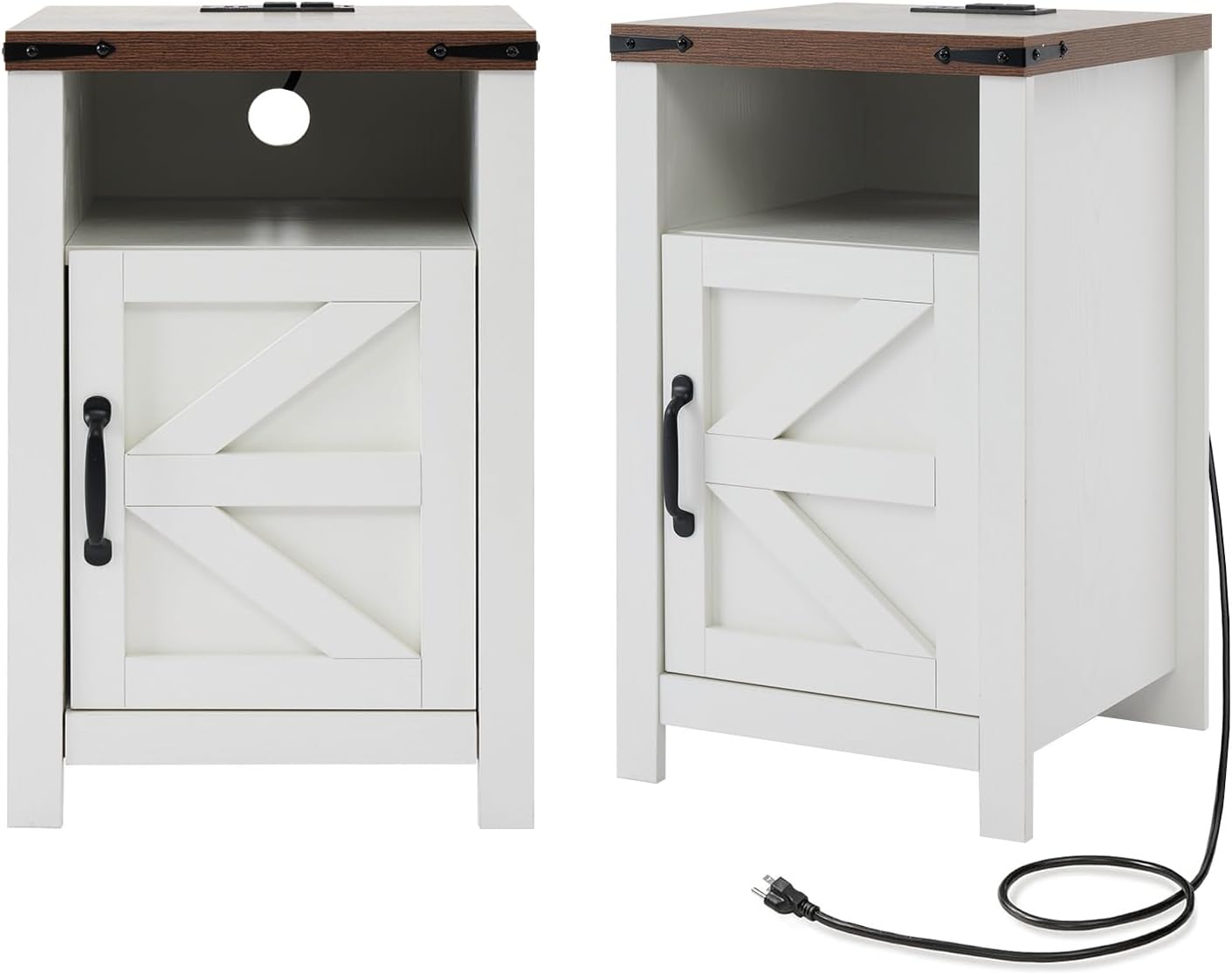 Farmhouse Nightstand Set of 2 with Charging Station, Modern Bedside Table with Barn Door and Shelf, Sofa Side Table End Table for Bedroom, Living Room, White