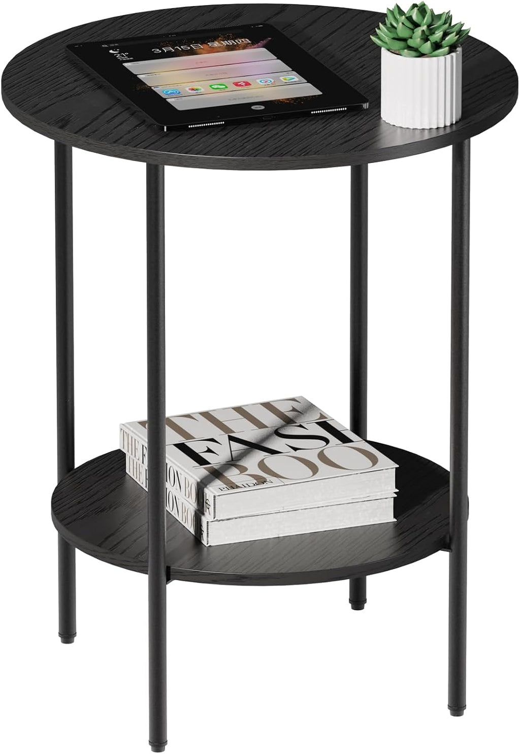 Side Table,Round End Table with 2 Storage Shelves| Compact Side Tables for Living Room, Couch, Office & Bedroom | Narrow Accent Table as Space-Saving Small Bedside Table 18x18x22in(Black)