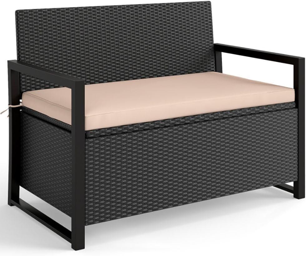 PE Rattan Outdoor Storage Loveseat Brown UV-Resistant Woven Rattan Pattern, 40-Gallon Under-Seat Storage, 800lbs Capacity for Patio