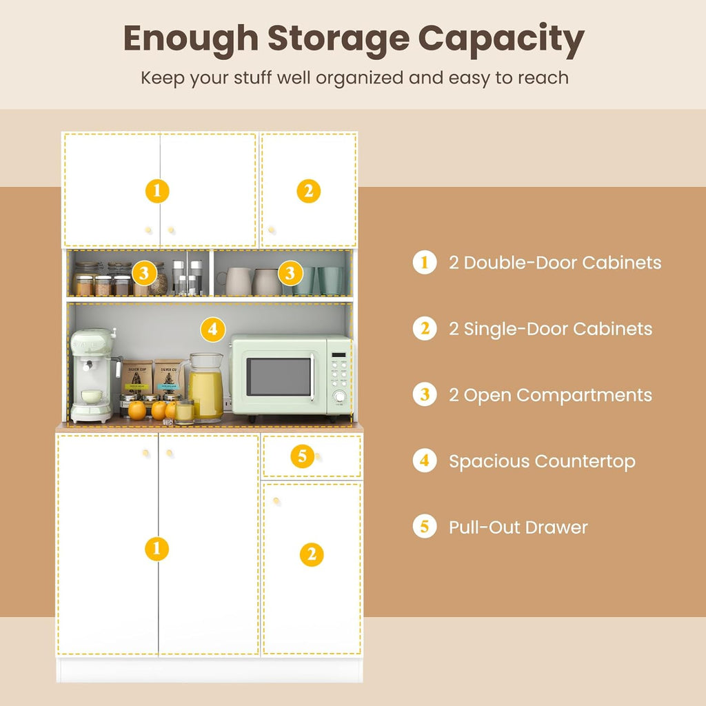 71" Tall Kitchen Hutch, Modern Pantry Storage Cabinet with Power Outlets, Microwave Shelf, Adjustable Shelves, Freestanding Buffet Cupboard for Dining Room