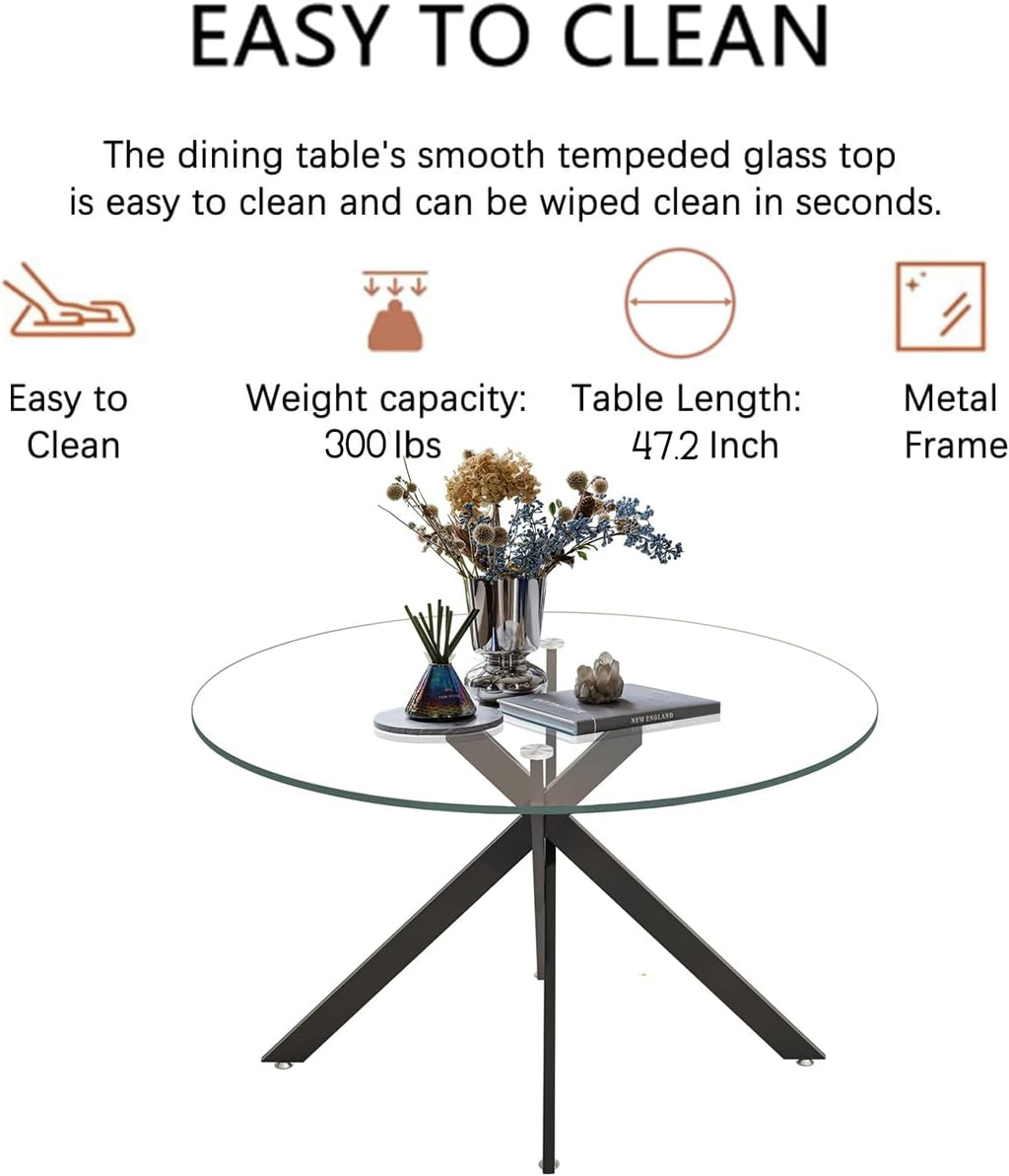 47" Round Glass Dining Table for 4-6, Circle Kitchen Table with Tempered Glass Top & Black Metal Cross Legs, Modern Glass Dinner Table for Kitchen Dining Room Small Apartment