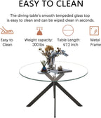 47" Round Glass Dining Table for 4-6, Circle Kitchen Table with Tempered Glass Top & Black Metal Cross Legs, Modern Glass Dinner Table for Kitchen Dining Room Small Apartment