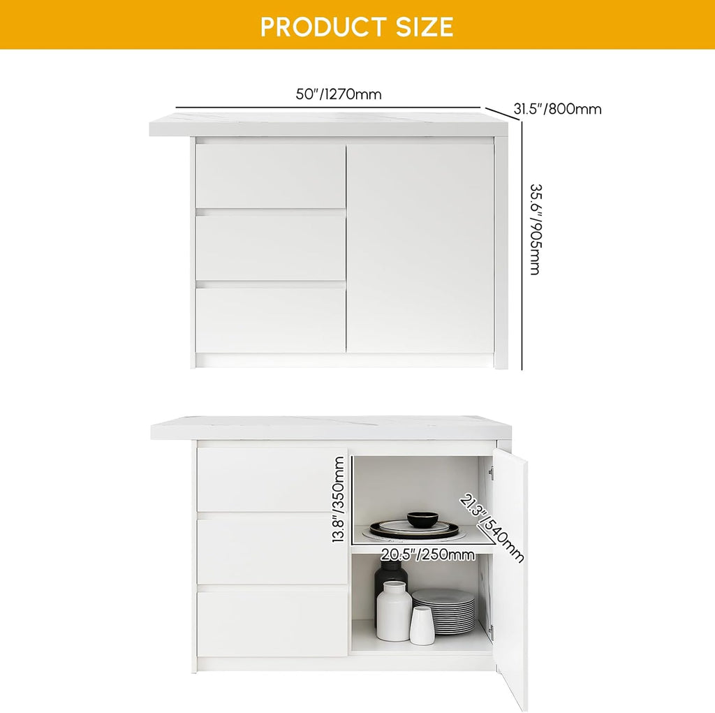 homary Kitchen Island with Storage & Wine Rack, 50" Modern White Kitchen Cabinet with Wood Top, Large Fixed Island with 3 Drawers & 6 Adjustable Shelves