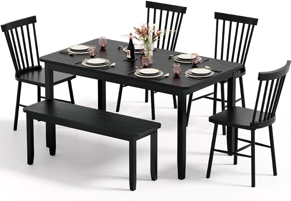 JUMMICO Solid Wood 6 Piece Dining Table Set, Modern 58"/W Kitchen Table Set for 6 with 4 Windsor Chairs & 1 Bench, Kitchen & Dining Room Sets for Kitchen, Restaurant (Black)