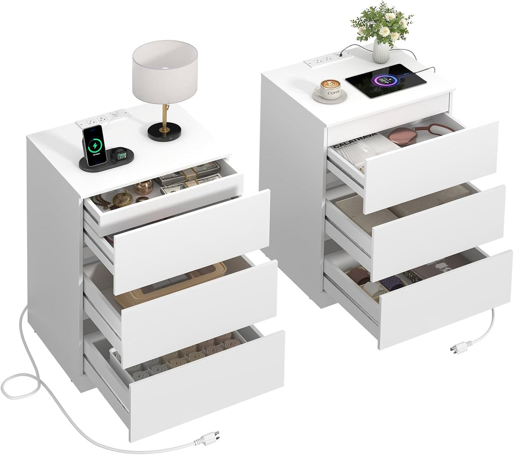 Nightstands Set of 2 with Charging Station and Hidden Drawer, 26"H, White | Bedside Table with 4 Drawers, Modern Night Stand for Bedroom, Side Table with Storage 18.9" W x 15.7" D x 26" H