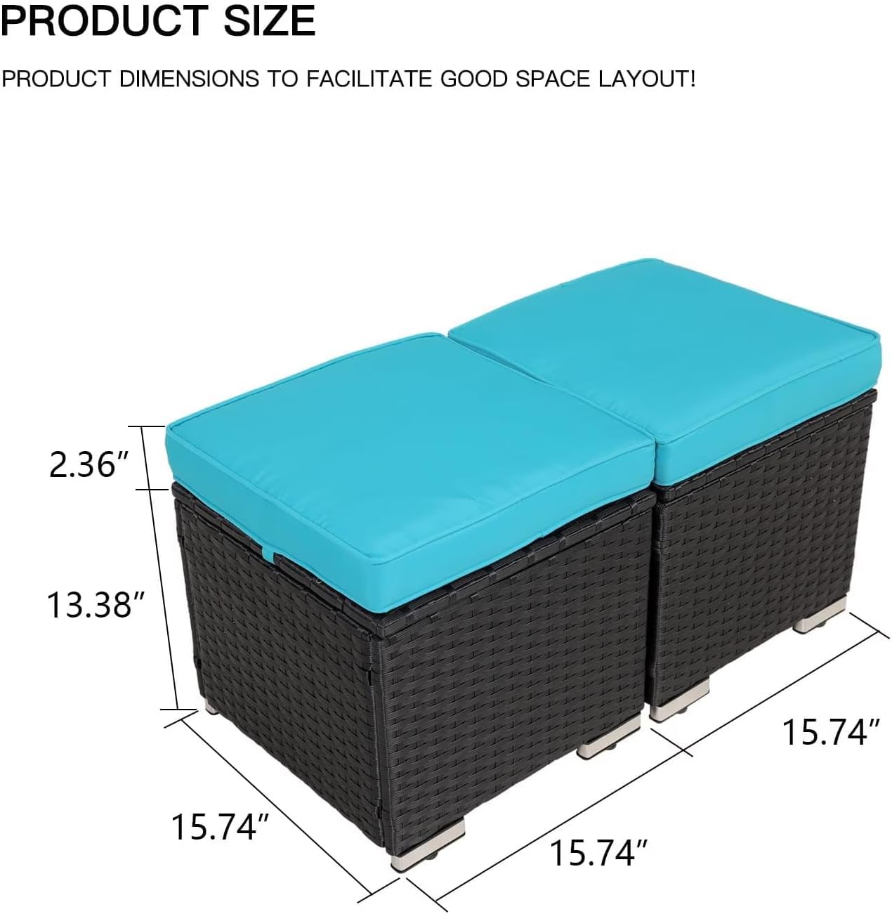 2 Wicker Ottomans, Multipurpose Outdoor Patio Ottoman Furniture, Additional Seating & Footrest, Outdoor Patio Storage Seating with Removable Cushions for Patio, Backyard (Blue)