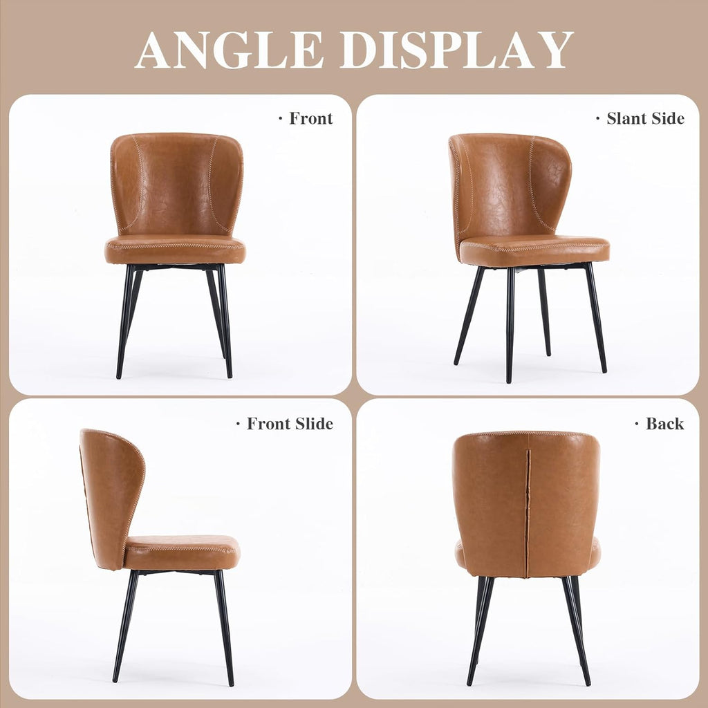 Dining Chairs Set of 2, Upholstered Synthetic Leather Kitchen Chairs, Mid-Century Modern Dining Room Chairs with Thick Cushion, Stitching Backrest and Metal Legs, Brown