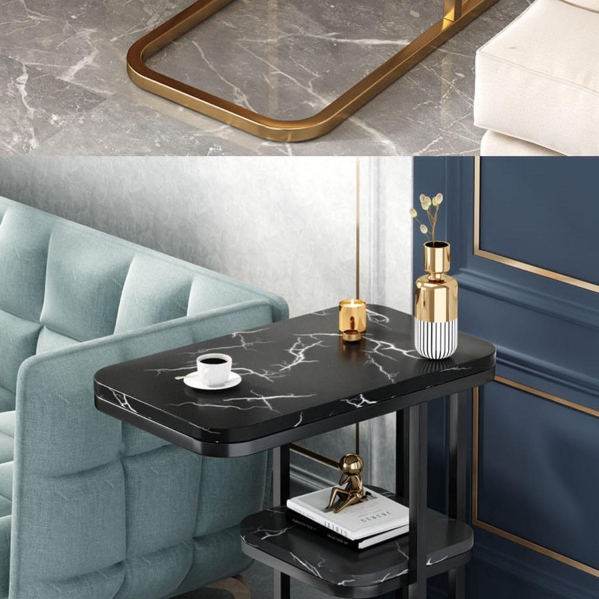 End Table, Modern Marble Side Table Sofa Table with Storage Shelf, Narrow Nightstand for Living Room Bedroom Office (Typ B, Gold-White)