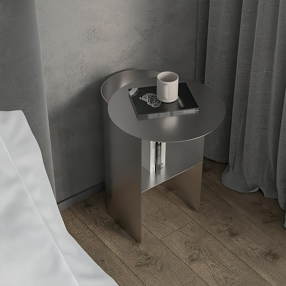 Stainless Steel Round Side Table Metal Coffee Table with Open Storage, Ideal for Bedroom, Living Room, Office, Guest Room, and Study, Silver, 18.1 x 11.0 x 20.1 inches